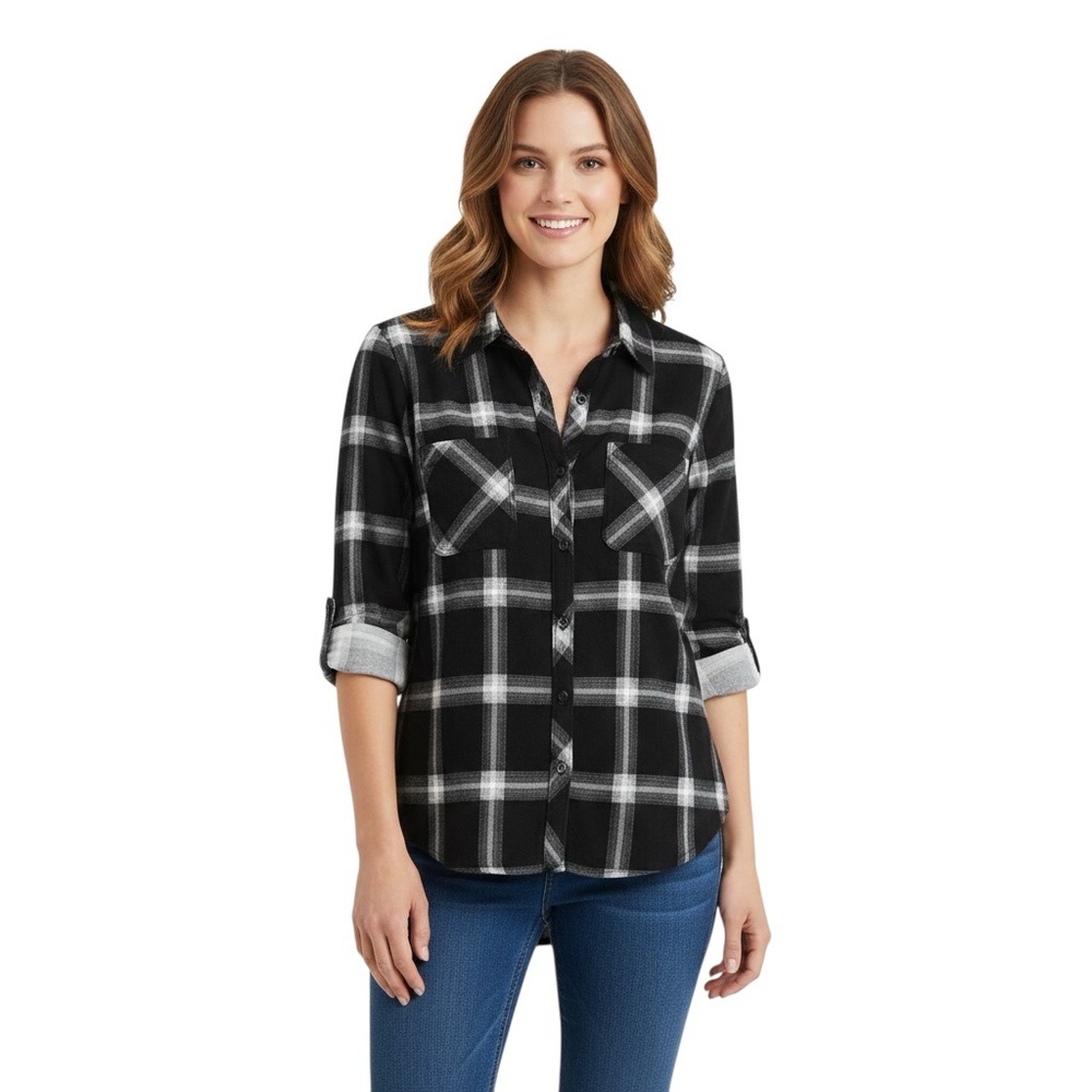 Eden & Olivia Women’s Top Button Down 3/4 Sleeve Knit Black & White Plaid Size L